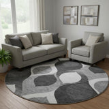 8' Black And Silver Ogee Washable Round Rug With UV Protection