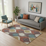 5' X 8' Brown Rust And Teal Ogee Washable Area Rug With UV Protection