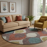 8' Brown Rust And Teal Ogee Washable Round Rug With UV Protection
