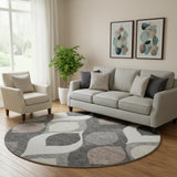 8' Gray Ivory And Beige Ogee Washable Round Rug With UV Protection
