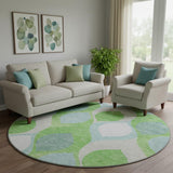 8' Lime Green Blue And Ivory Ogee Washable Round Rug With UV Protection