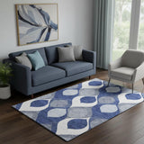5' X 8' Navy Blue Ivory And Gray Ogee Washable Area Rug With UV Protection