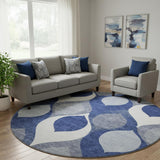8' Navy Blue Ivory And Gray Ogee Washable Round Rug With UV Protection