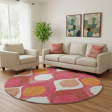 8' Pink Orange And Ivory Ogee Washable Round Rug With UV Protection