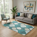 5' X 8' Teal And Ivory Ogee Washable Area Rug With UV Protection
