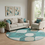 8' Teal And Ivory Ogee Washable Round Rug With UV Protection