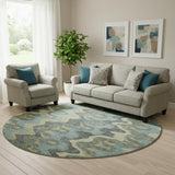 8' Sage Ivory And Beige Abstract Washable Round Rug With UV Protection