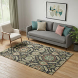 5' X 8' Black Gold And Copper Floral Washable Area Rug With UV Protection