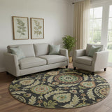 8' Black Gold And Copper Floral Washable Round Rug With UV Protection
