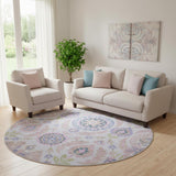 8' Blush Purple And Green Floral Washable Round Rug With UV Protection