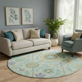 8' Mint Green Blue And Beige Floral Washable Round Rug With UV Protection