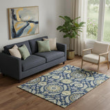 5' X 8' Navy Blue Gold And Beige Floral Washable Area Rug With UV Protection