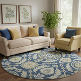 8' Navy Blue Gold And Beige Floral Washable Round Rug With UV Protection