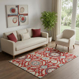 5' X 8' Red Gold And Blue Floral Washable Area Rug With UV Protection