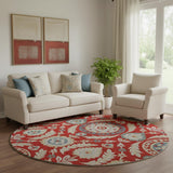 8' Red Gold And Blue Floral Washable Round Rug With UV Protection