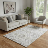 5' X 8' Silver Gray And Beige Floral Washable Area Rug With UV Protection