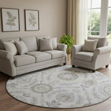 8' Silver Gray And Beige Floral Washable Round Rug With UV Protection