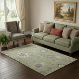 5' X 8' Artichoke Green Beige And Taupe Floral Medallion Washable Area Rug With UV Protection