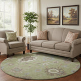 8' Artichoke Green Beige And Taupe Floral Medallion Washable Round Rug With UV Protection