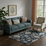 5' X 8' Black Blue And Ivory Floral Medallion Washable Area Rug With UV Protection