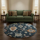 8' Black Blue And Ivory Floral Medallion Washable Round Rug With UV Protection
