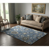 5' X 8' Blue Gray And White Floral Medallion Washable Area Rug With UV Protection