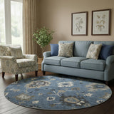 8' Blue Gray And White Floral Medallion Washable Round Rug With UV Protection