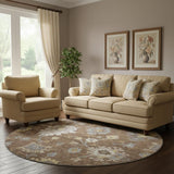 8' Chocolate Gold And Gray Floral Medallion Washable Round Rug With UV Protection