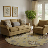 8' Gold Gray And Ivory Floral Medallion Washable Round Rug With UV Protection