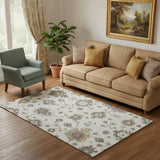 5' X 8' Ivory Gray And Brown Floral Medallion Washable Area Rug With UV Protection