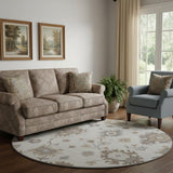 8' Ivory Gray And Brown Floral Medallion Washable Round Rug With UV Protection