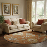 8' Rust Ivory And Gray Floral Medallion Washable Round Rug With UV Protection