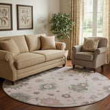 8' Pink Ivory And Brown Floral Medallion Washable Round Rug With UV Protection