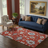 5' X 8' Red Gray And Ivory Floral Medallion Washable Area Rug With UV Protection
