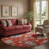 8' Red Gray And Ivory Floral Medallion Washable Round Rug With UV Protection