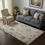 5' X 8' Taupe Gray And Ivory Floral Medallion Washable Area Rug With UV Protection