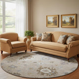 8' Taupe Gray And Ivory Floral Medallion Washable Round Rug With UV Protection