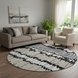 8' Black Silver And Brown Striped Washable Round Rug With UV Protection