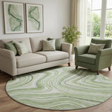 8' Artichoke Green And Ivory Marble Washable Round Rug With UV Protection