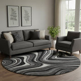 8' Black Gray And White Marble Washable Round Rug With UV Protection