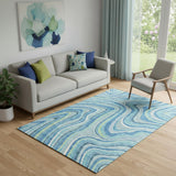 5' X 8' Blue Green And Ivory Marble Washable Area Rug With UV Protection