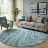 8' Blue Green And Ivory Marble Washable Round Rug With UV Protection