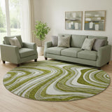 8' Olive Green Ivory And Gray Marble Washable Round Rug With UV Protection