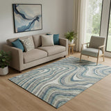 5' X 8' Teal Ivory And Taupe Marble Washable Area Rug With UV Protection