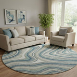 8' Teal Ivory And Taupe Marble Washable Round Rug With UV Protection
