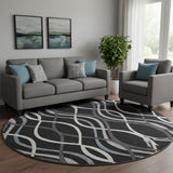 8' Black Ivory And Gray Abstract Washable Round Rug With UV Protection