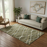 5' X 8' Olive Green Ivory And Gold Abstract Washable Area Rug With UV Protection