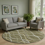 8' Olive Green Ivory And Gold Abstract Washable Round Rug With UV Protection