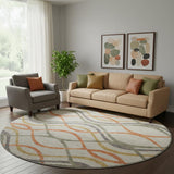 8' Orange Ivory And Gold Abstract Washable Round Rug With UV Protection