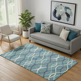 5' X 8' Teal Ivory And Gray Abstract Washable Area Rug With UV Protection